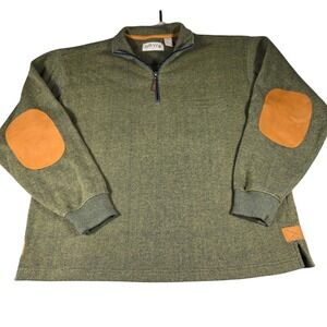 Orvis Mens XL Green Textured Knit Quarter Zip Pullover Elbow Patches Mock Neck